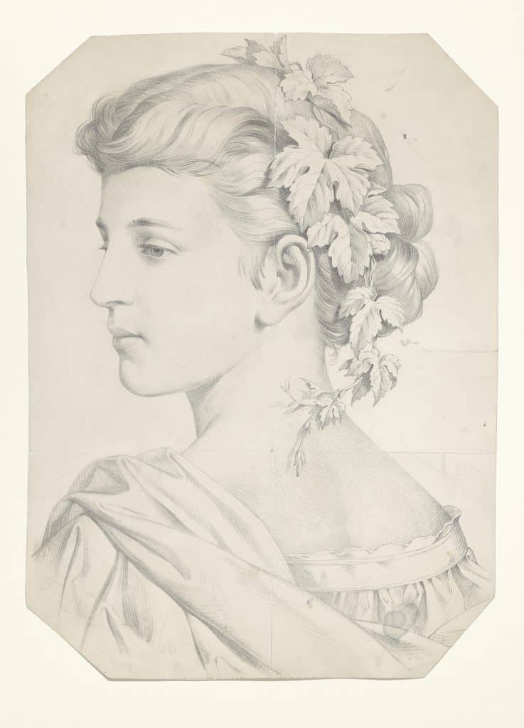 Franz Pernlochner, Mit Weinlaub gekränzte junge Frau im Dreiviertelprofil nach links Bleistift auf Papier