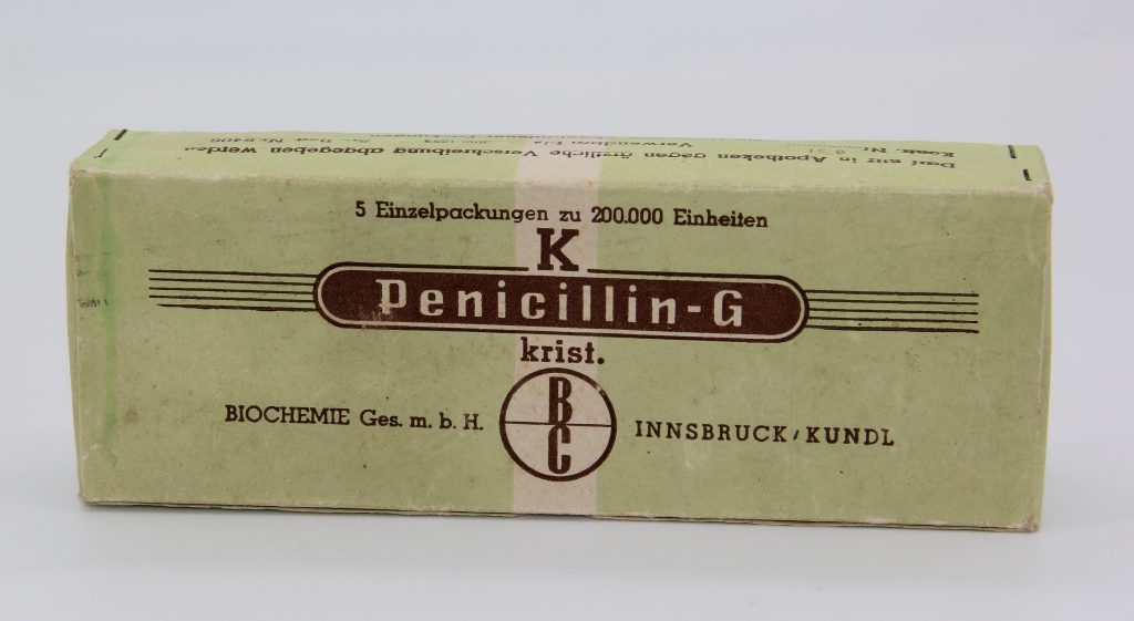 Injizierbares „Penicillin G“, um 1950, Innsbruck/Kundl, Biochemie GesmbH, Leihgabe Freundeskreis Pesthaus, Innsbruck